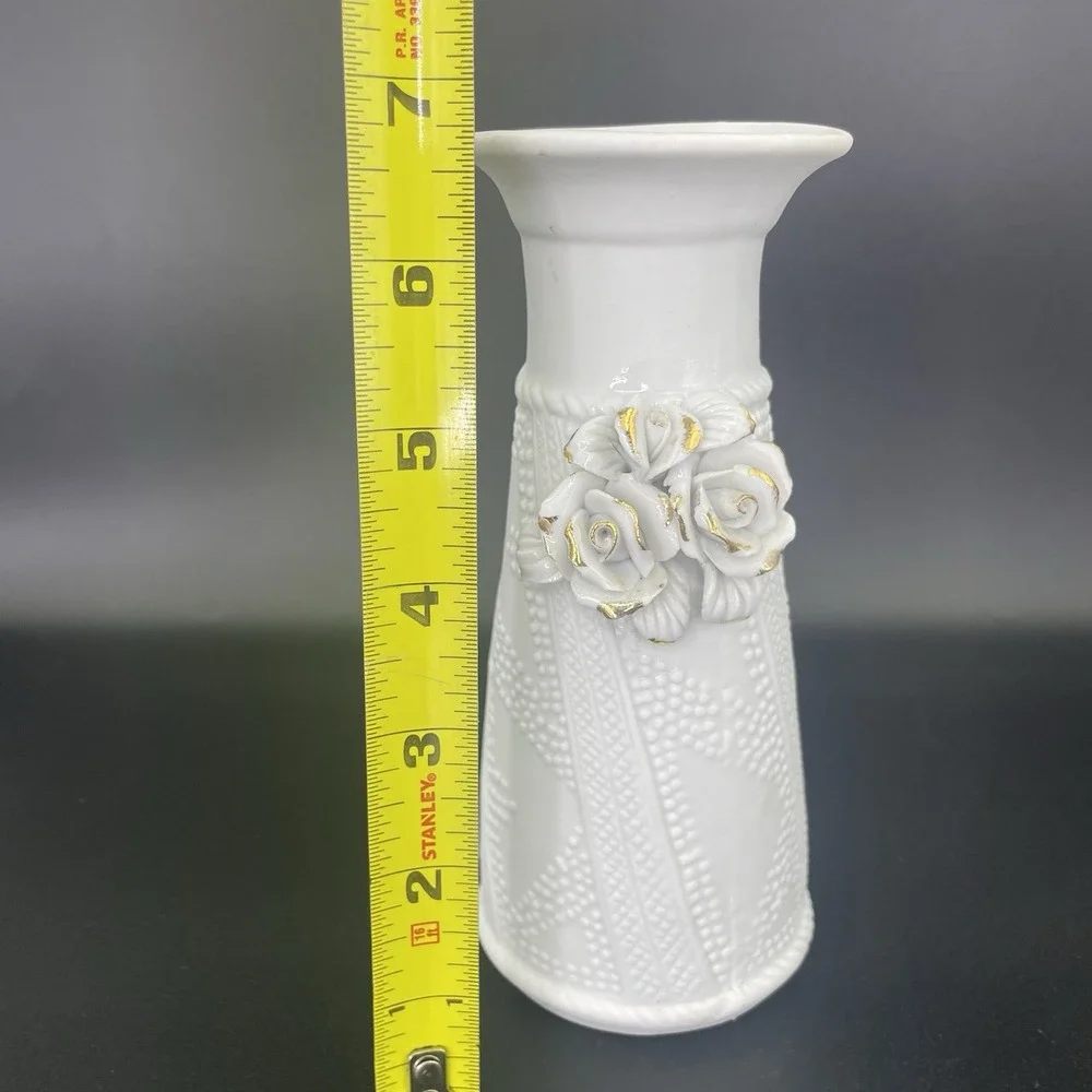 Vintage Ceramic White Vase with Roses/Gold Trim Matte /Glossy Glaze Textured